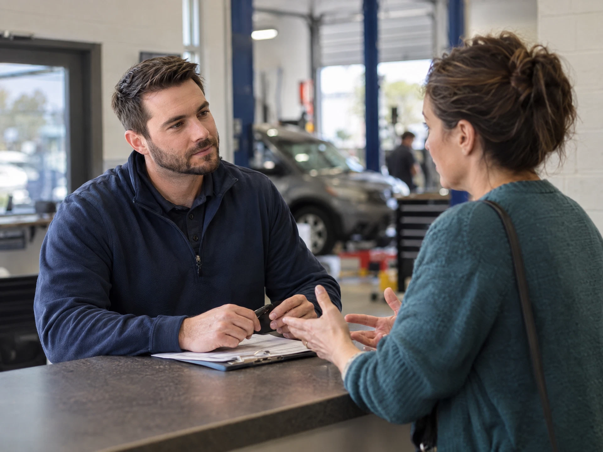 Illustrative service advisor listening to an owner in a workshop reception