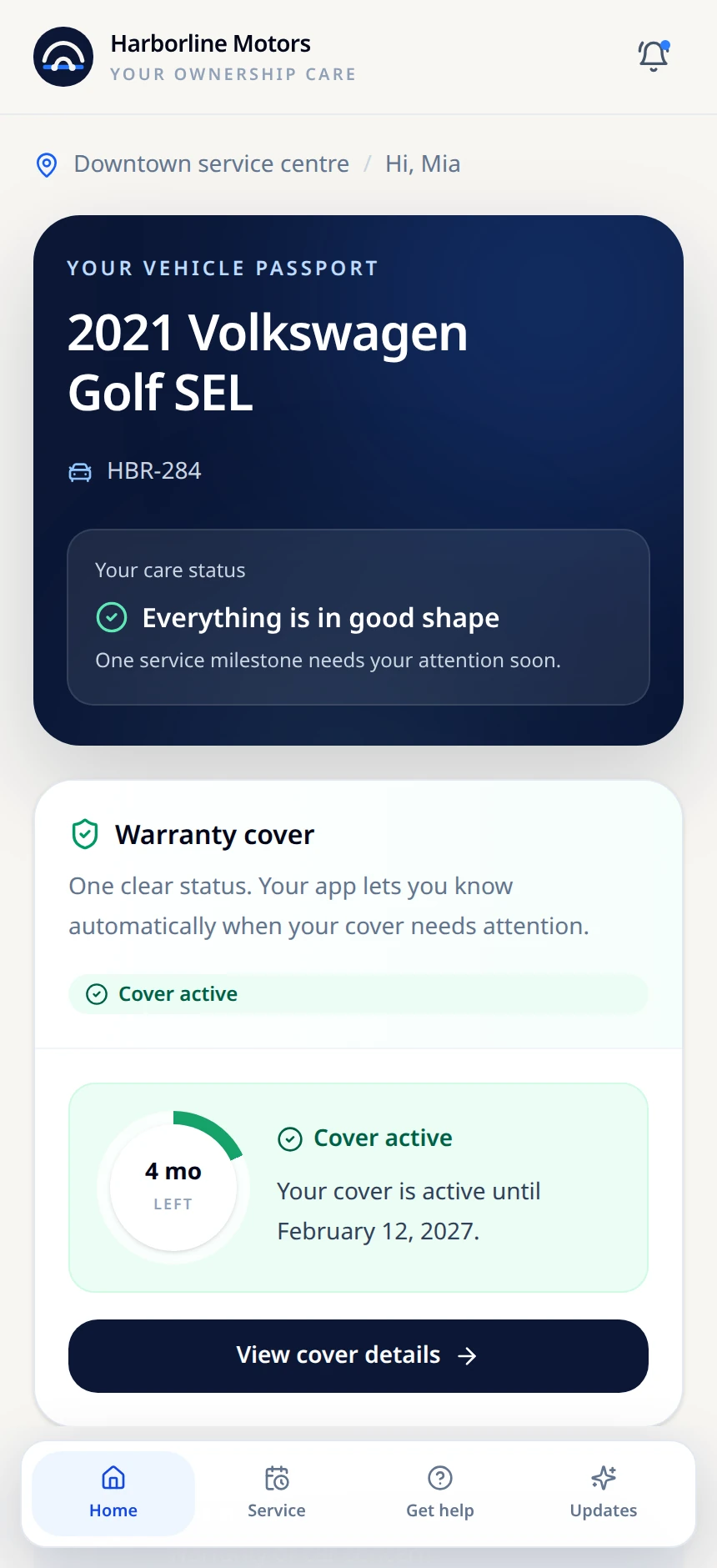 Fresh fictional owner-app render showing the full vehicle passport and warranty meter without a preview-only notice, framed just above bottom navigation